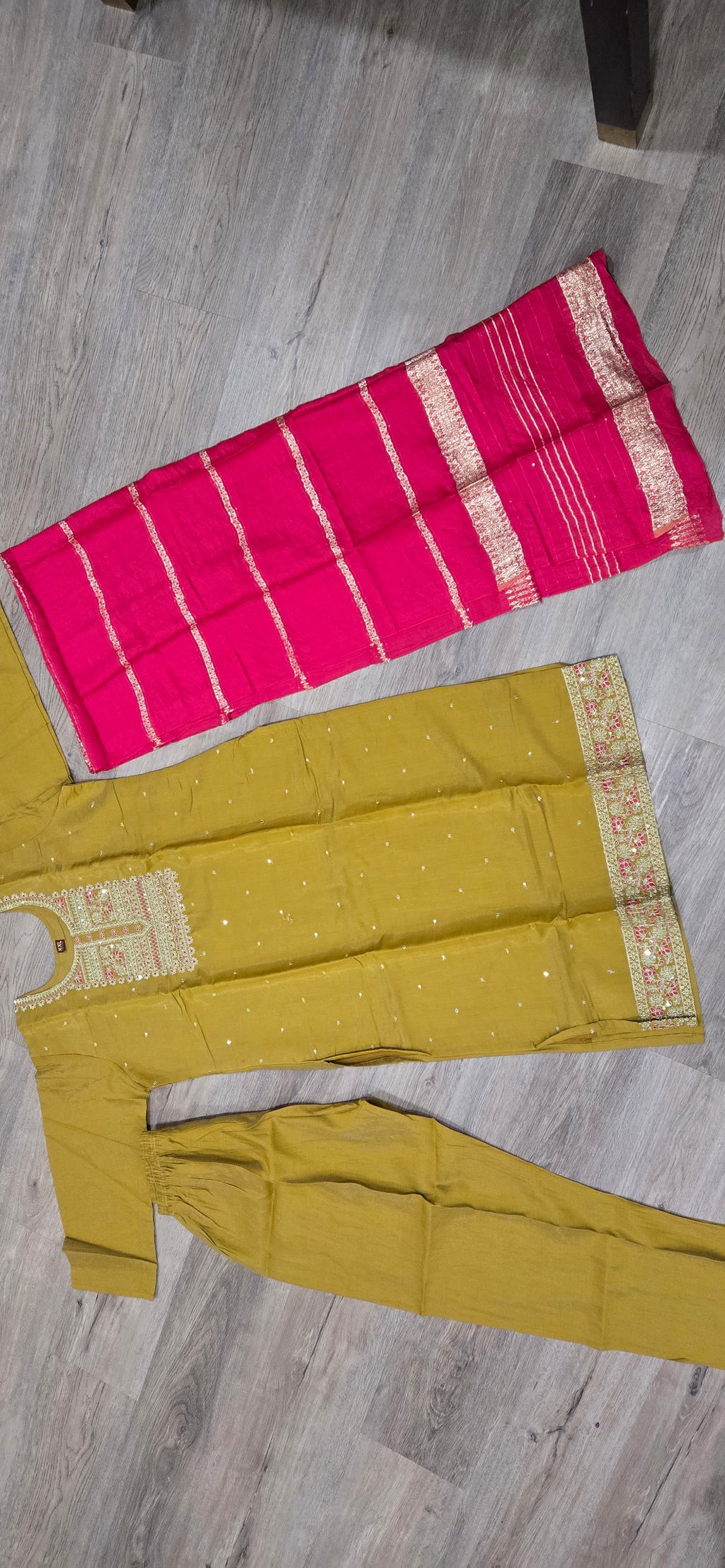 Traditional Embroidered Outfit - Yellow with Pink Dupatta