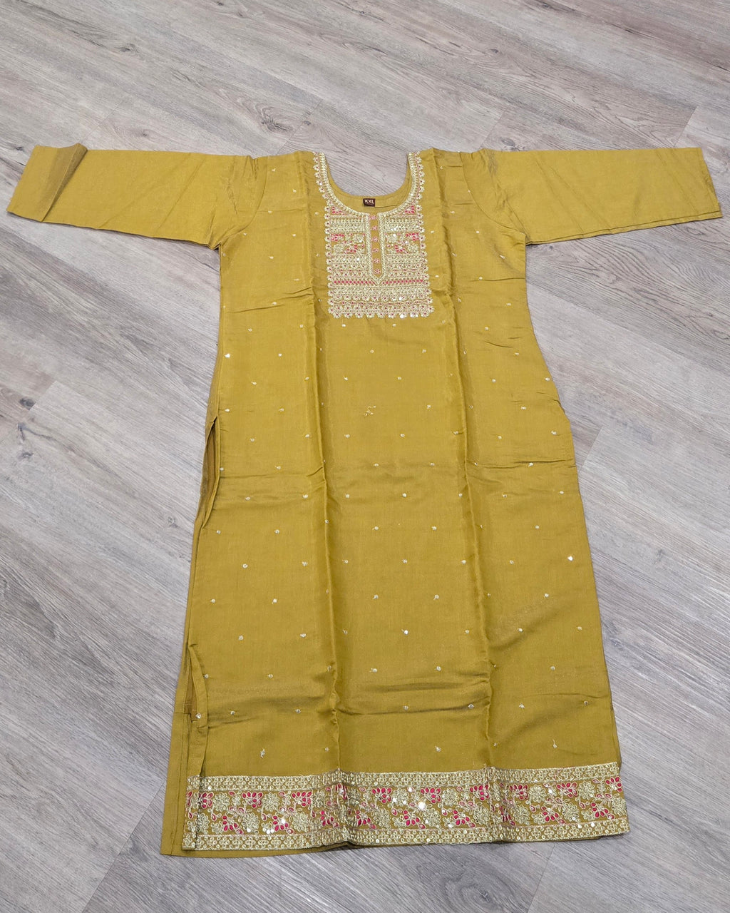 Traditional Embroidered Outfit - Yellow with Pink Dupatta