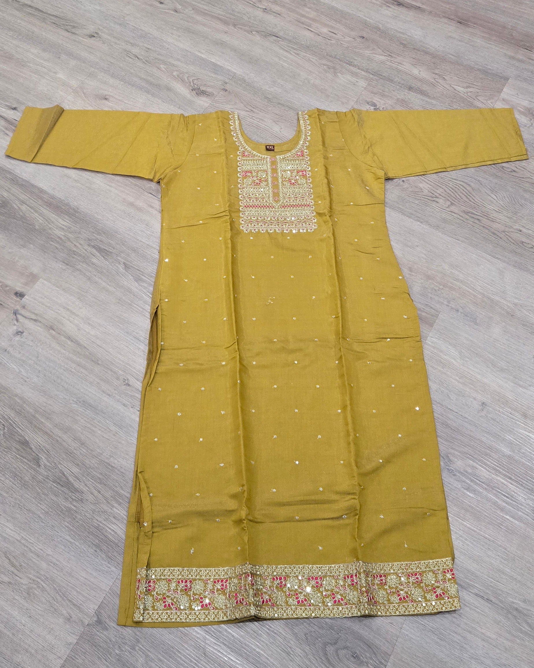 Traditional Embroidered Outfit - Yellow with Pink Dupatta