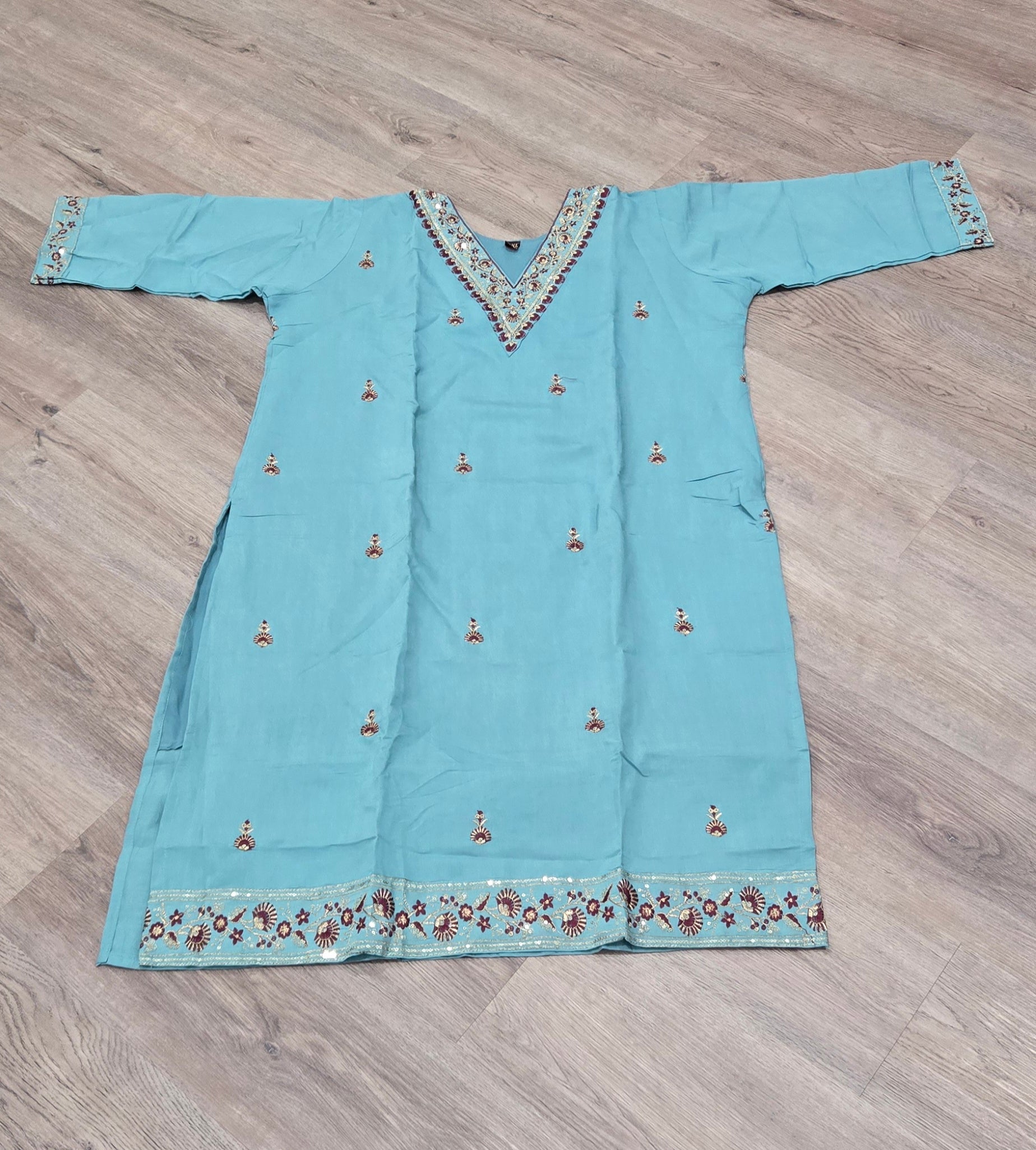 Serene Sky Blue Embroidered Kurta Set with Maroon Banarasi Dupatta