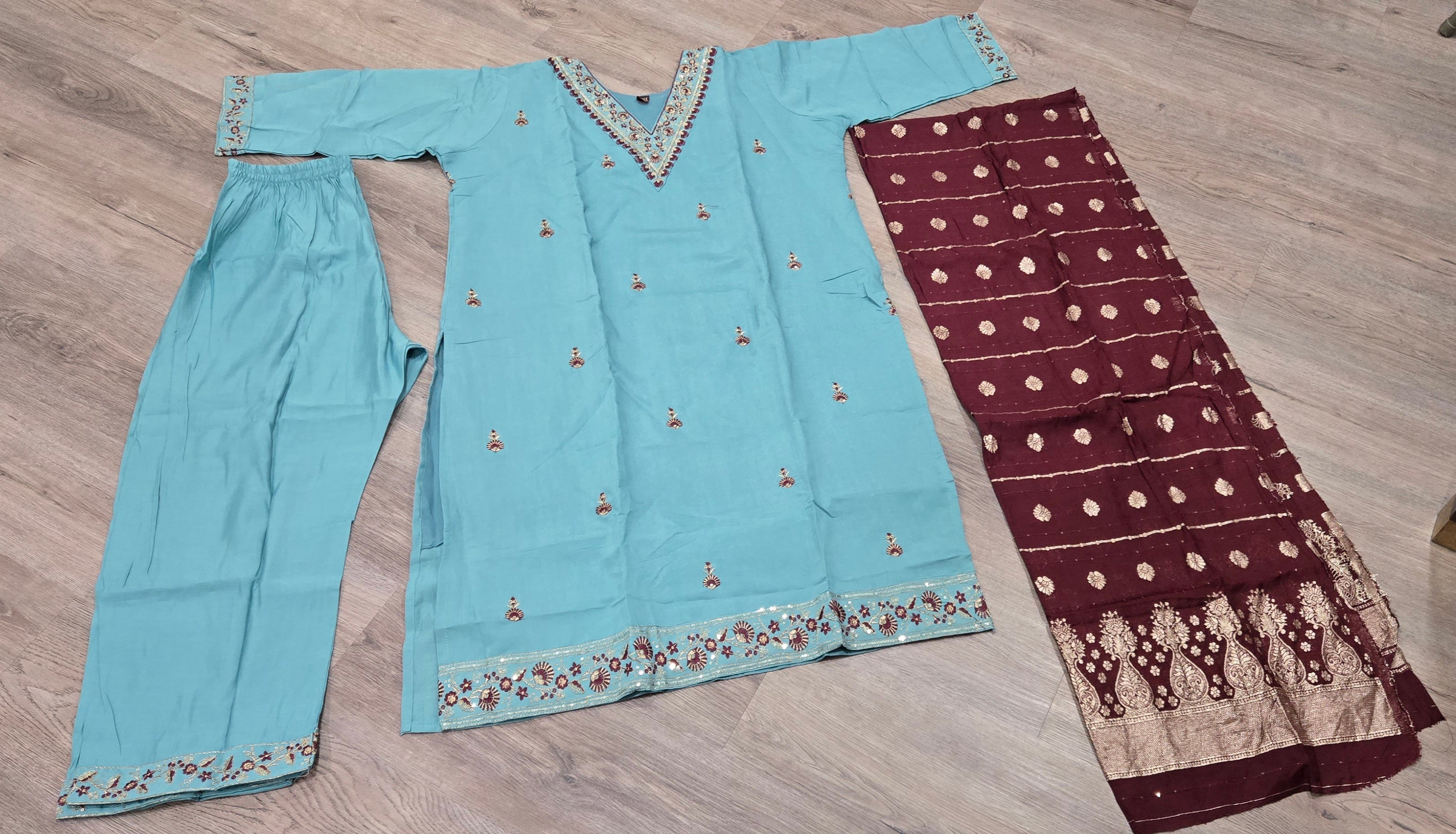 Serene Sky Blue Embroidered Kurta Set with Maroon Banarasi Dupatta