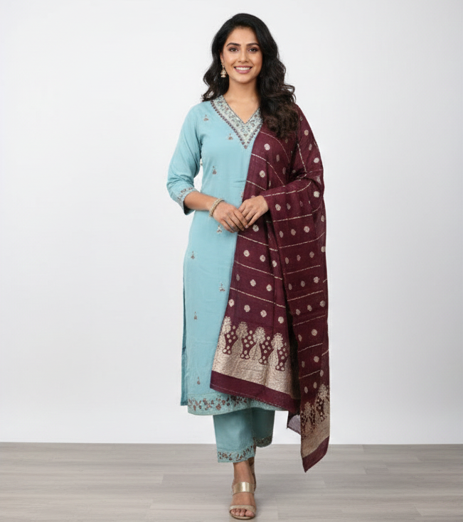 Serene Sky Blue Embroidered Kurta Set with Maroon Banarasi Dupatta
