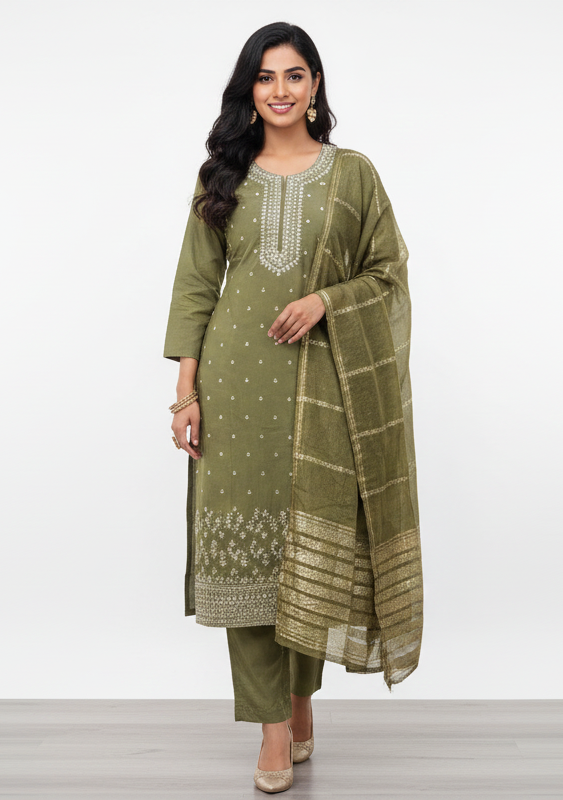 Azure Dream: Embroidered Kurta Set with Opulent Banarasi Dupatta