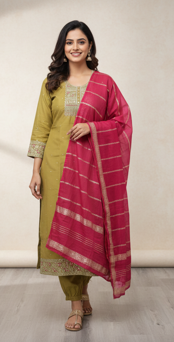 Traditional Embroidered Outfit - Yellow with Pink Dupatta